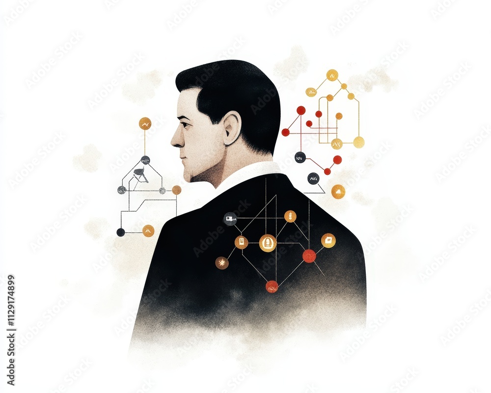 Poster a stylized illustration of a man in a suit, with abstract patterns and data points emerging from his