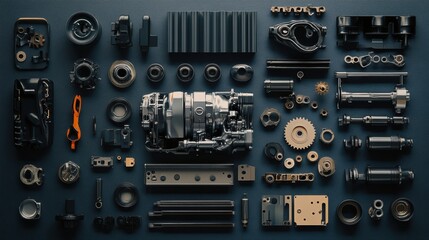 Fototapeta premium Carefully organized layout of various car engine components showcasing pistons, gears, belts, and valves on a dark background with ample copy space. Generative AI