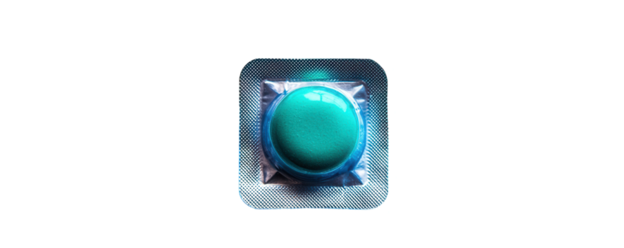 Vivid blue capsule transparent background medical context close-up view health concept