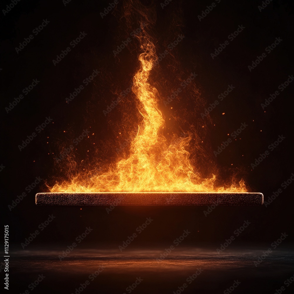 Poster a vibrant flame spirals upward from a glowing surface, illuminated against a dark background, creati