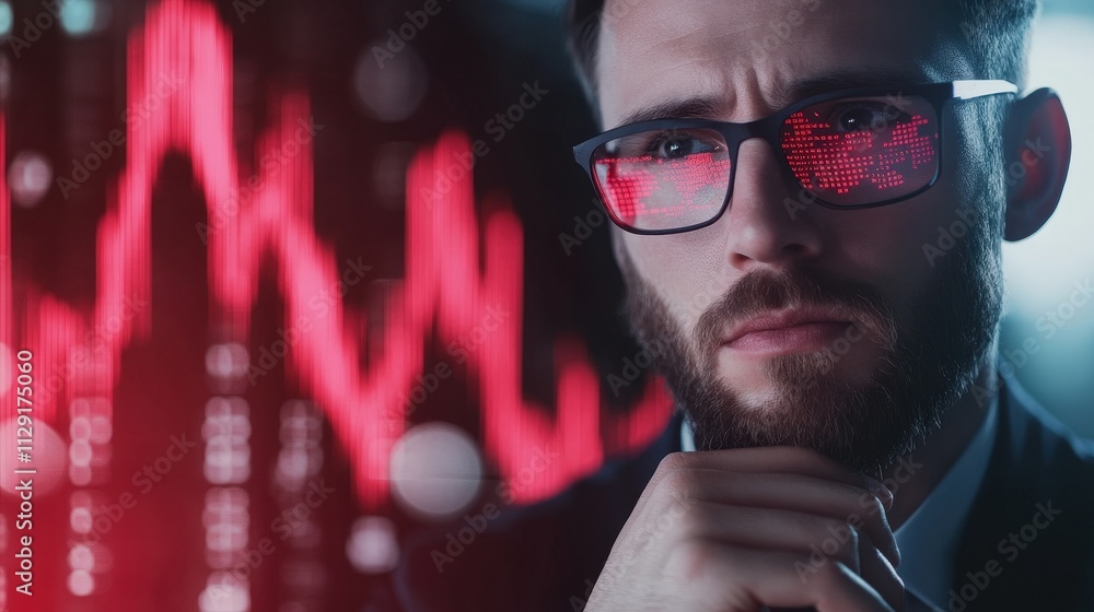 Poster a focused individual examines digital data trends through glasses, with a backdrop of fluctuating gr