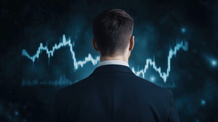 A businessman analyzes data trends on a digital screen, symbolizing financial growth and market analysis.