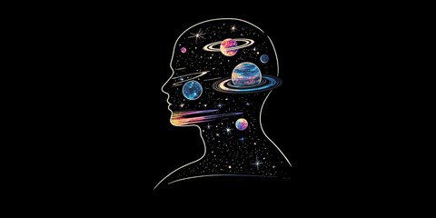 Cosmic human profile with astronomical elements inside the body, stars, planets, and galaxies filling the silhouette shape