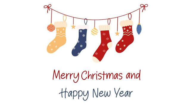 Christmas card with cozy winter socks, hanging on a garland. Animation video, 2D. Merry Christmas and Happy New Year.