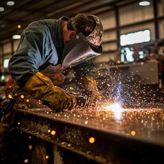 worker welding metal with sparks flying in industrial setting