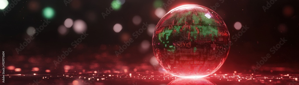 Poster a vibrant, reflective sphere surrounded by shimmering lights, creating a dynamic atmosphere of color
