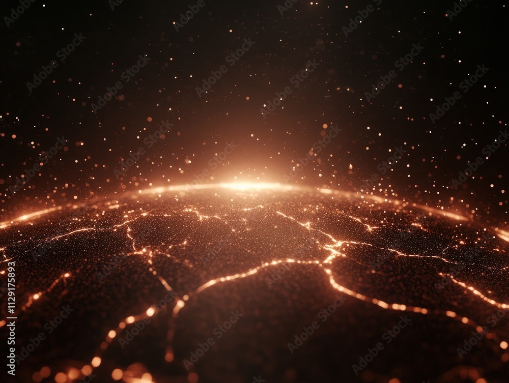 Poster a glowing, illuminated planet surface with a network of bright lines and particles against a dark ba