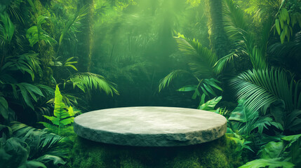 Serene stone platform in a lush tropical jungle