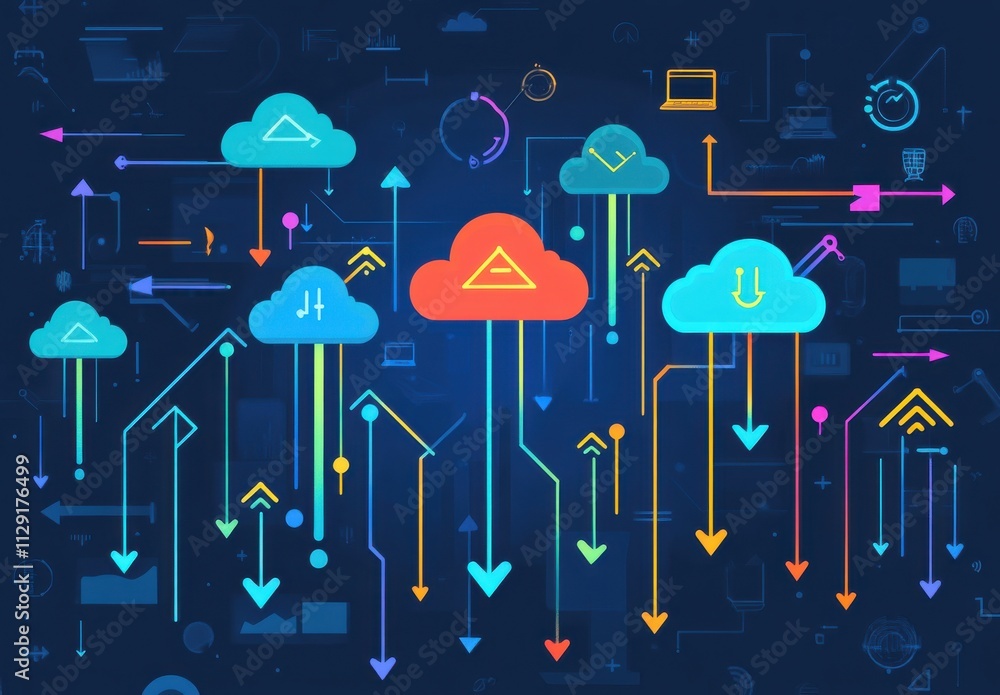 Poster colorful cloud computing concept with data flow and digital elements representing technology, networ