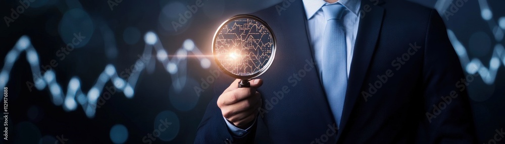 Poster a business professional holds a magnifying glass, emphasizing analysis and data insights against a b