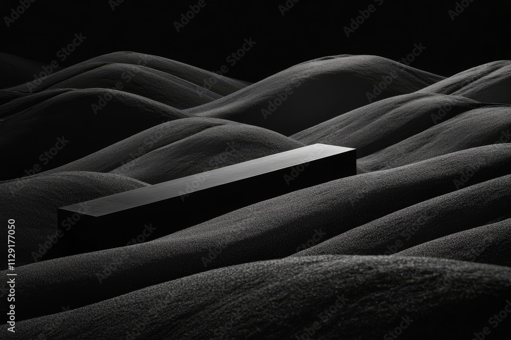 Poster black rectangular object rests on undulating dark sand dunes.