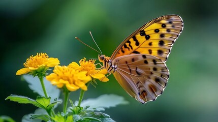 Obraz premium Close up of a Butterfly Resting on a Colorful Flower in Soft Sunlight