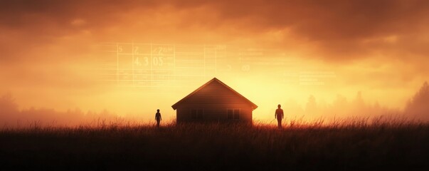 A silhouette of a house against a dramatic sunset, with two figures standing in the foreground, creating a sense of mystery and tranquility.