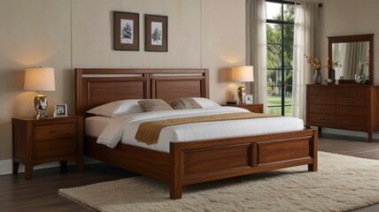 Modern bedroom with wooden king-size bed, nightstands, dresser, and lamps.
