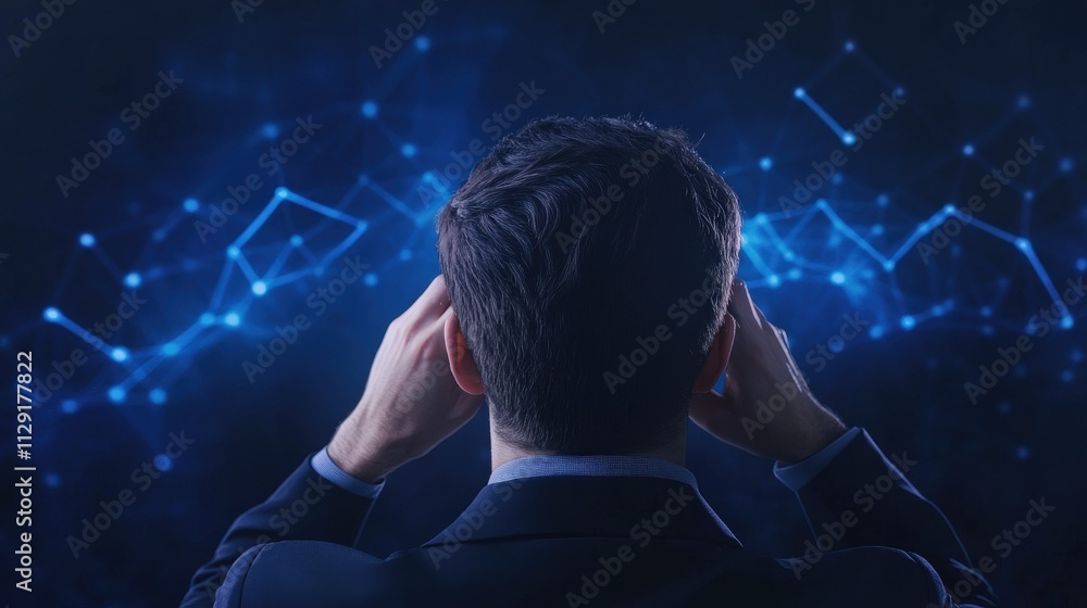 Poster a person in a suit is observing a digital display of data and analytics, surrounded by glowing blue 