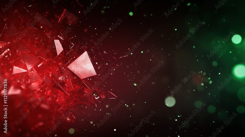 Poster a vibrant abstract image featuring red and green fragments with a sparkling background, creating a d