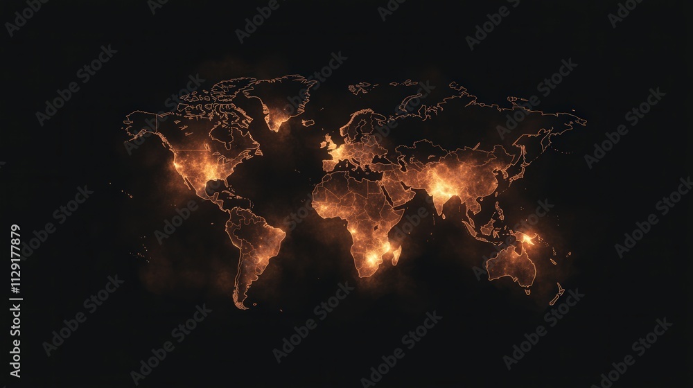 Poster a glowing map of the world with fiery highlights, symbolizing global connectivity and issues like cl