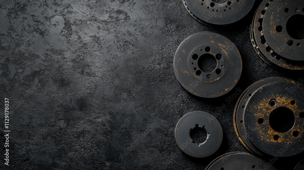Aufkleber various brake pads and discs are organized on a textured dark surface, providing an ideal area for a