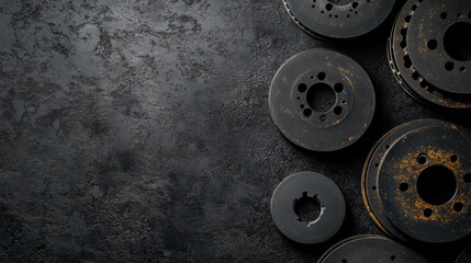 Various brake pads and discs are organized on a textured dark surface, providing an ideal area for adding informative text or graphics. Generative AI