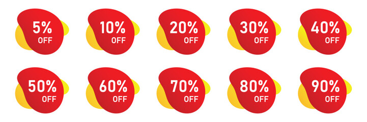 Set of shopping discount tag. Product discount label with 5,10,20,30,40,50,60,70,80,90 percent off symbol. Vector Illustration.