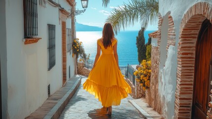 A woman in a flowing yellow dress walks down a charming cobblestone street, bordered by white buildings and overlooking the sparkling sea on a sunny day.