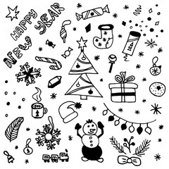 Set of isolated on white background elements on winter and New Year themes in doodle style