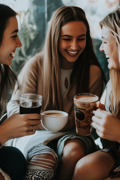  Joyful group of young friends chatting and enjoying coffee together during a casual hangout