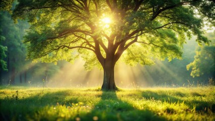 Obraz premium Sunlight filtering through the leaves of a large tree in a forest clearing, illuminating the lush green grass and casting long shadows on the ground
