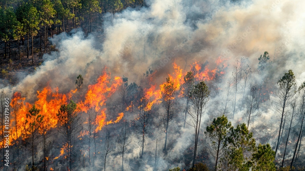 Poster smoke and flames consuming trees in a wildfire.
