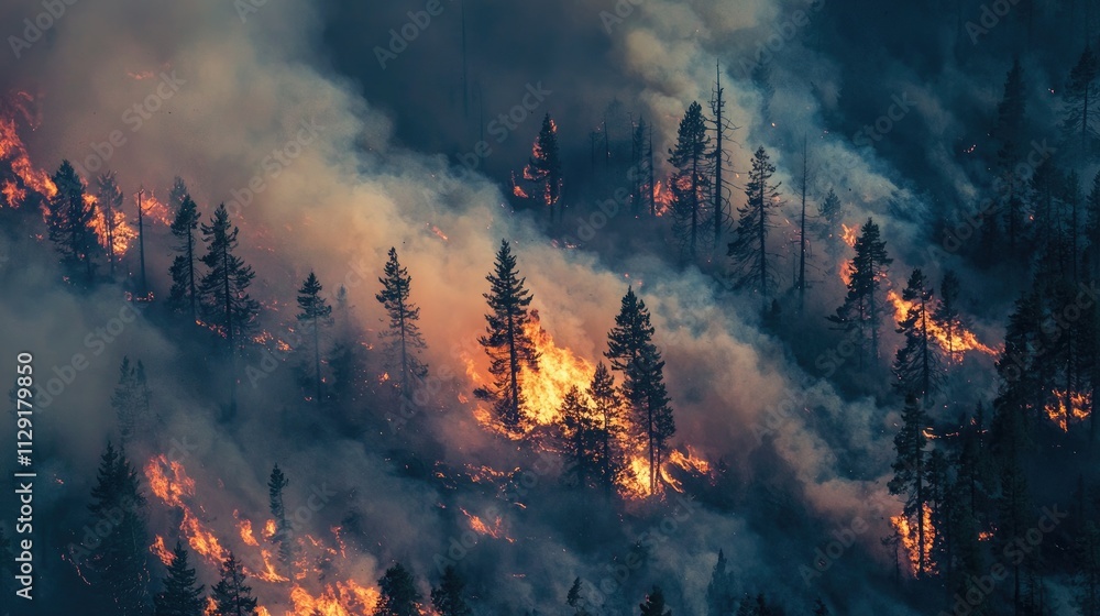 Poster smoke and flames consuming trees in a wildfire.