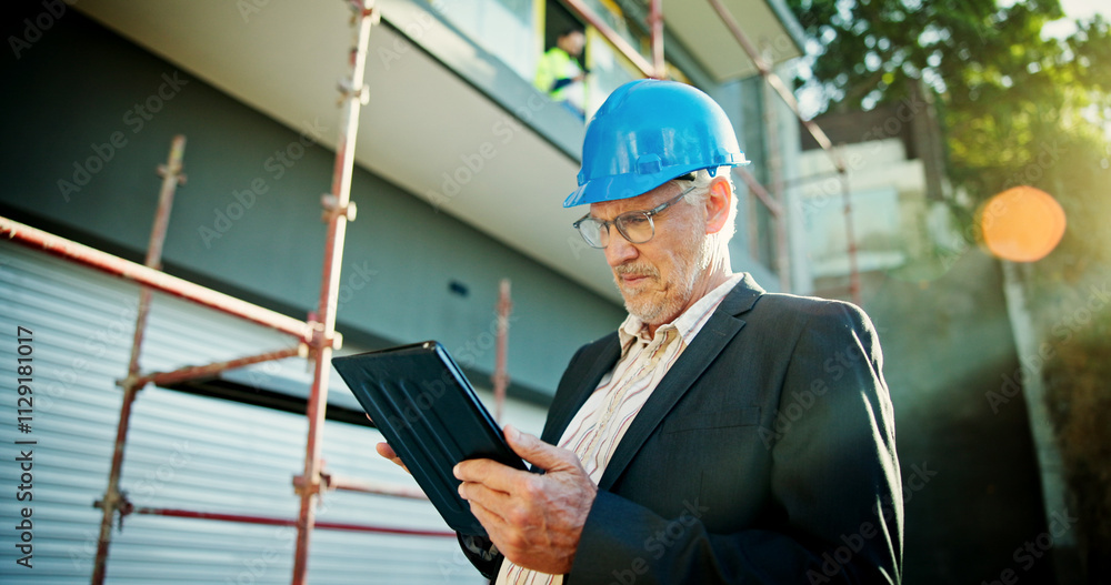 Leinwandbilder construction site, thinking and man with tablet, typing and network with online schedule. mature per