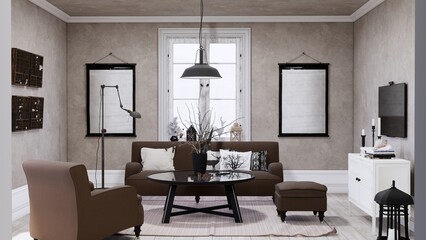 Rendering of a gray living room with dark brown furniture.