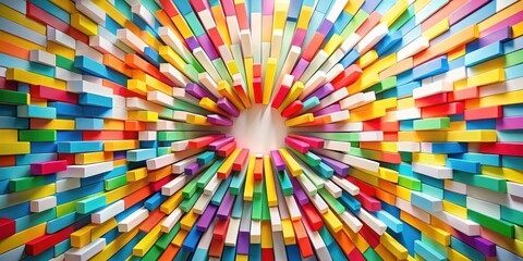 A vibrant and colorful pattern of rectangular blocks arranged in a radial formation, creating a dynamic and eye-catching abstract design.