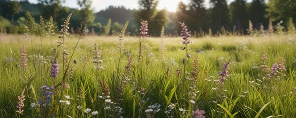 Obraz premium A lush meadow with tall grasses and wildflowers swaying in the breeze on a sunny day , nature, landscape