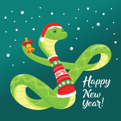 Fototapeta premium A festive New Year greeting card featuring the symbol of the year in the form of a snake. Vector illustration.