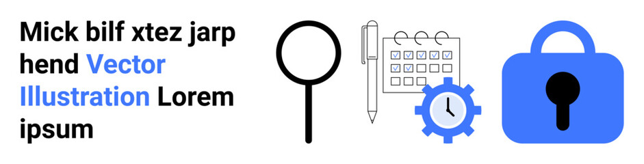Magnifying glass icon, calendar with pen, clock inside a gear, and a lock symbol representing data security and organization. Ideal for data protection, productivity tools, time management, business