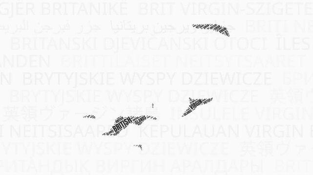 British Virgin Islands intro animation. Country with regions illustration video. Background with country names in various languages. Regions of British Virgin Islands animation. Stylish video.