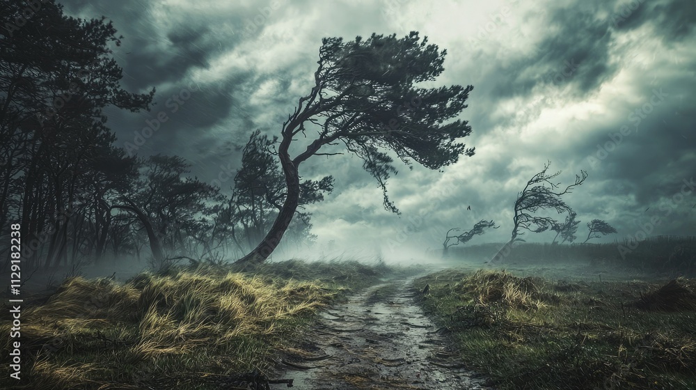 Poster powerful hurricane winds bending trees and blowing debris.