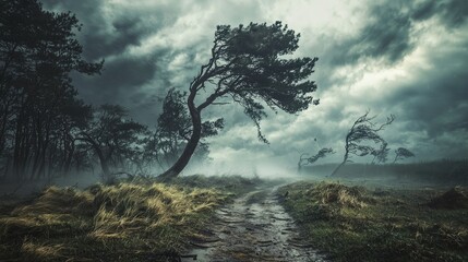 Powerful hurricane winds bending trees and blowing debris. 