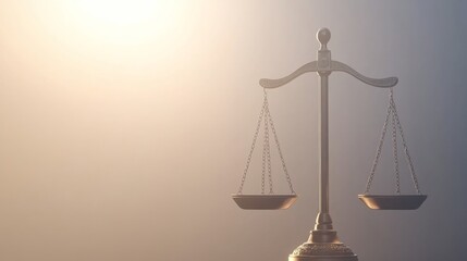 Radiant golden scales of justice rest on a wooden surface against the golden glow of sunrise, symbolizing hope, fairness, and enlightenment in contemporary legal discourse.