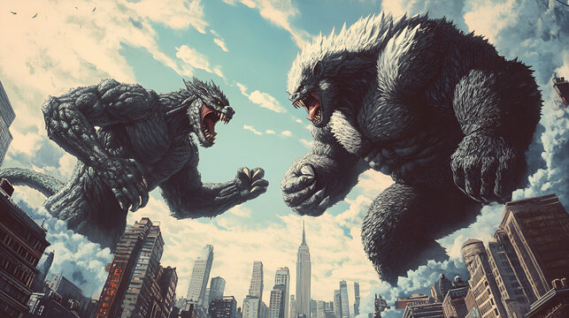 A tyrex in the street of New York Monsters fight in NYC A man with a yellow backpack confronts a giant creature amidst desolate, Generative Ai