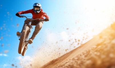 Mountain biker jumps on a dirt trail.