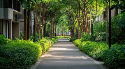 Obraz premium serene pathway through lush greenery in a modern setting