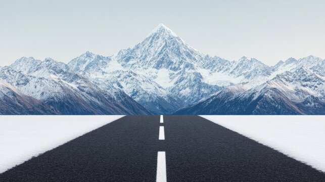 Aspiring To The Peak:  An empty road stretches towards a majestic snow-capped mountain range, symbolizing a journey of ambition and perseverance.  