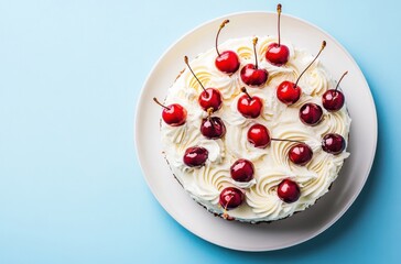 Delicious Cherry Cake with Whipped Cream Frosting and Fresh Red Cherries on a Light Blue Background for Sweet Treats and Dessert Inspiration