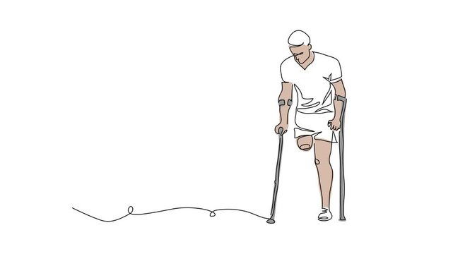 Disabled man with amputated leg footage. Limb use crutches for support and walking. One continuous line art, self drawing animation. Simple animated illustration of disabled man