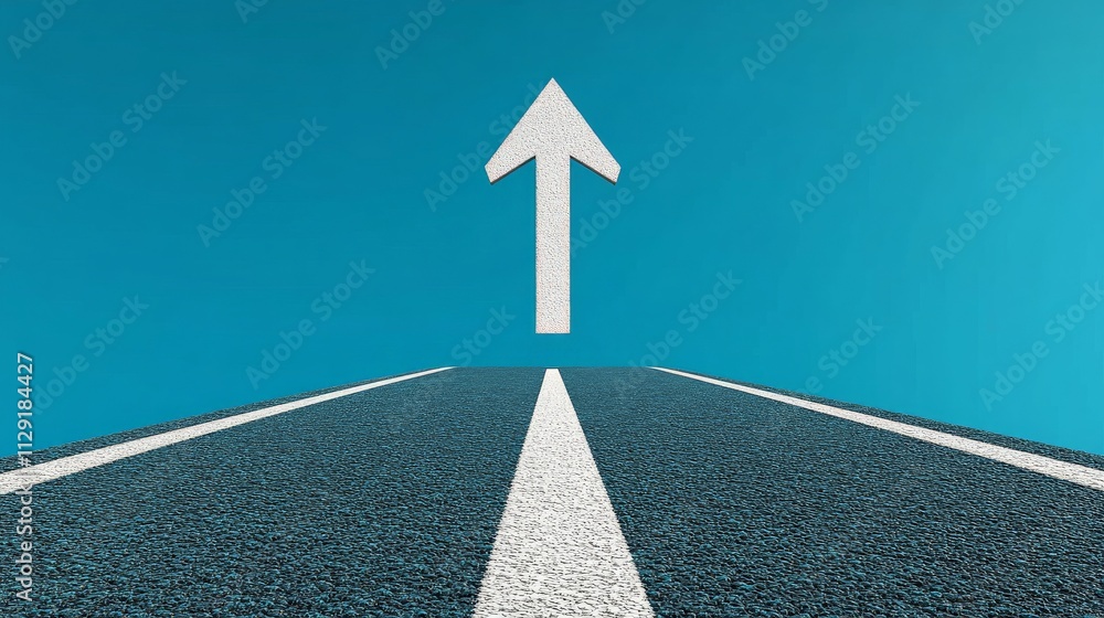 Poster aspiring upwards: an arrow pointing upwards on an empty road, symbolizing ambition, progress, and a 