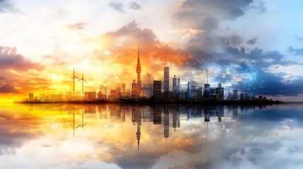 Fototapeta premium Futuristic Smart City Skyline with Renewable Energy and Connected IoT Devices