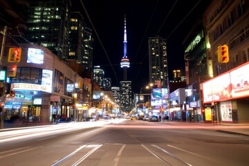 Night cityscape with tower, street, and lights.
