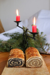 Homemade walnut and poppy seed rolls aka beigli in Hungary. Traditional hungarian christmas or easter cake bejgli at christmastime